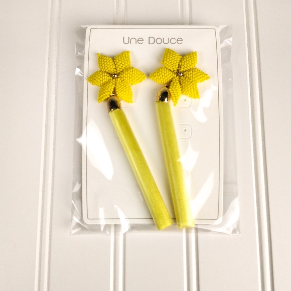 Una Douce Flower Beaded Tassel Statement Earrings In Yellow - Picture 2 of 5